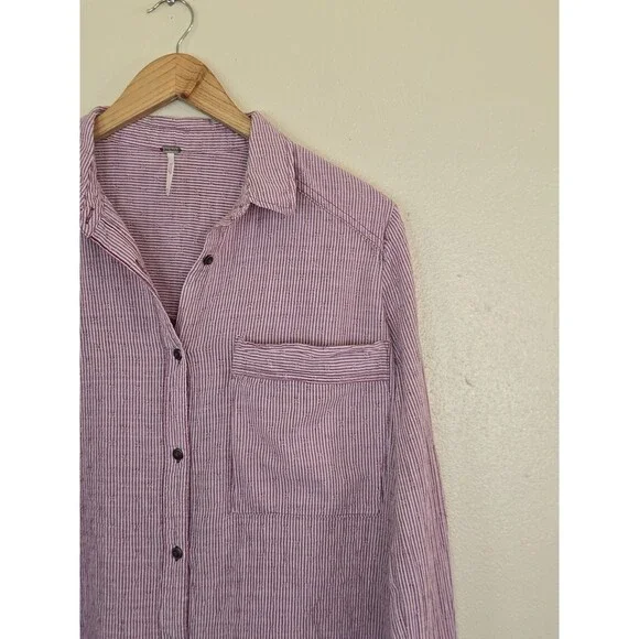 Free People No Limits Split Back Button Down Shirt Red Striped Boho Top Medium - Picture 3 of 13